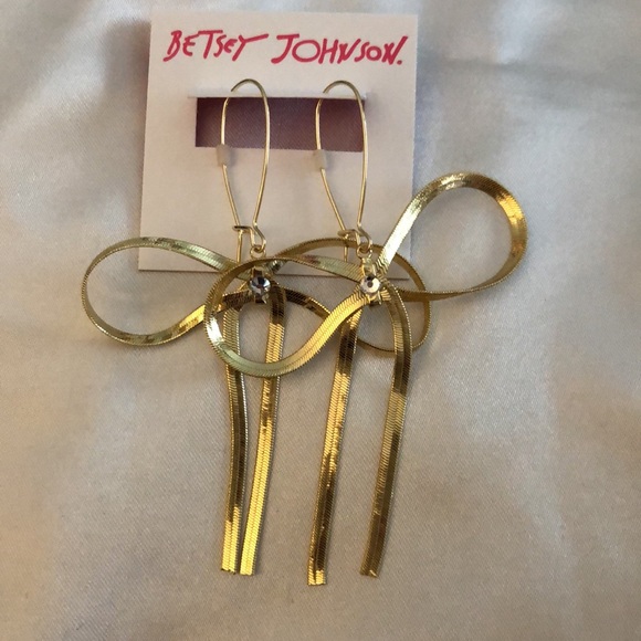 Betsey Johnson Gold Tone Statement Bow Drop Earrings Crystal Accent NWT - Picture 5 of 11